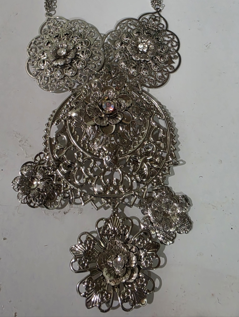 TRUE VINTAGE Silver VICTORIAN Floral Filigree Statement Necklace W AB crystals - Picture 7 of 10